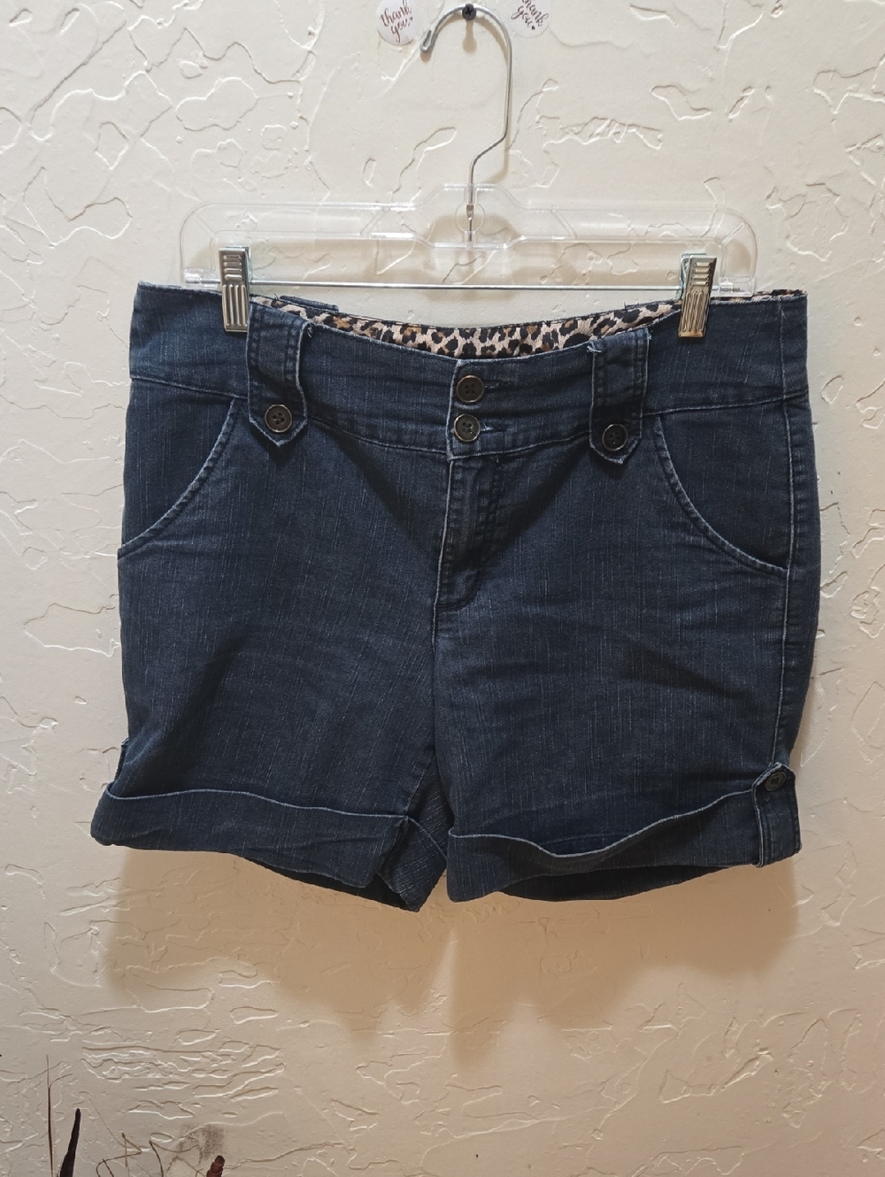 one 5 one Dark Blue Denim Shorts with Leopard Trim